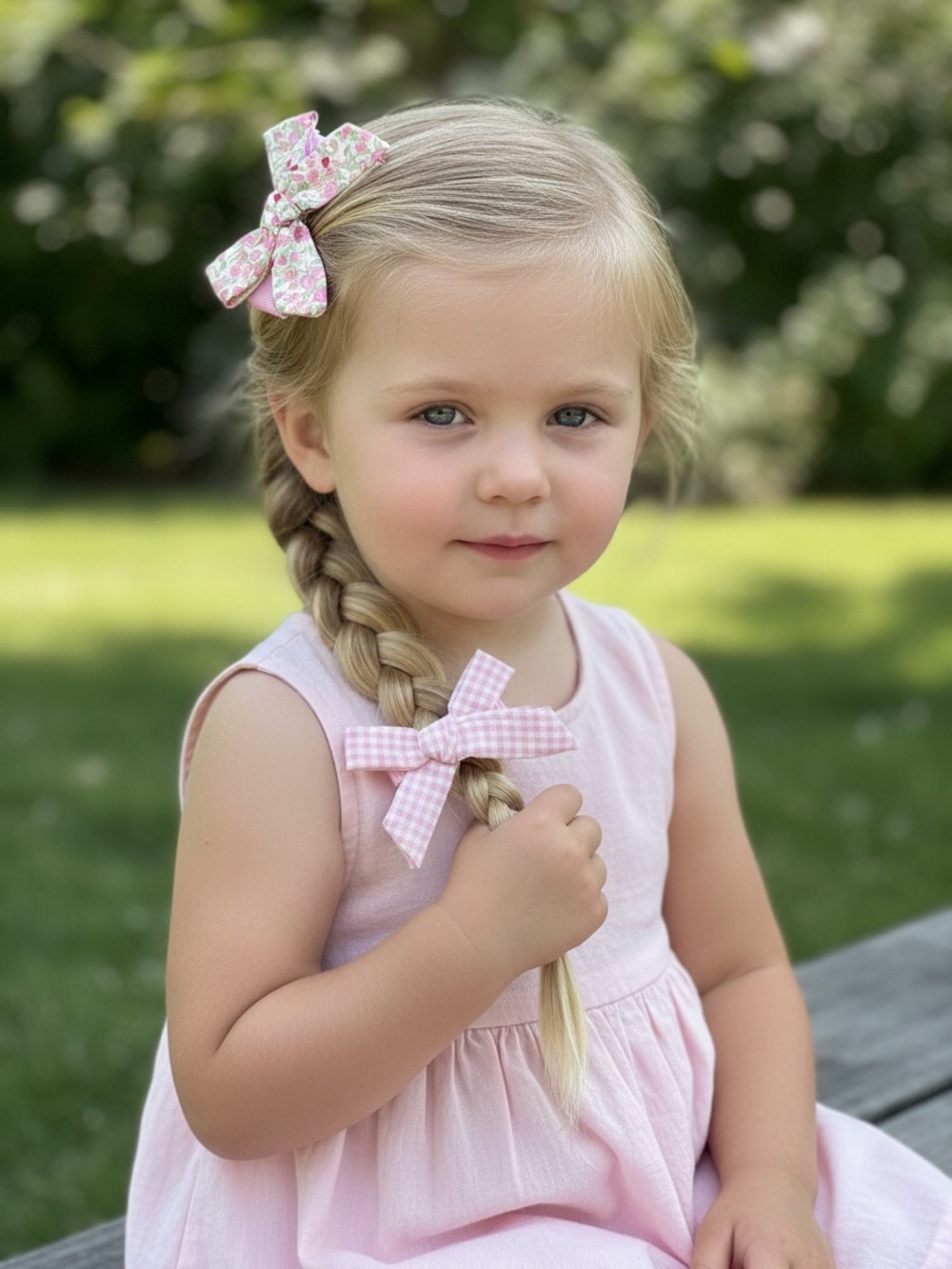Pink Floral & Gingham Bow Hair Clips  for Kids
